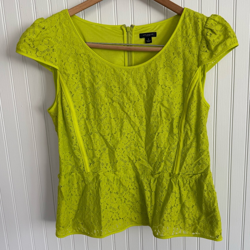 Ann Taylor Chartreuse Top - Lace Cap Sleeve Blouse Size 4